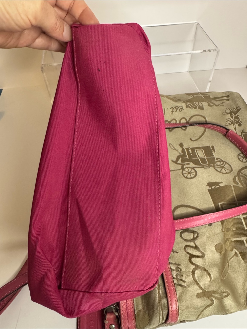 #419 Coach Signature Khaki Satin Horse & Carriage w/ Pink Leather Shoulder Tote - Picture 14 of 17
